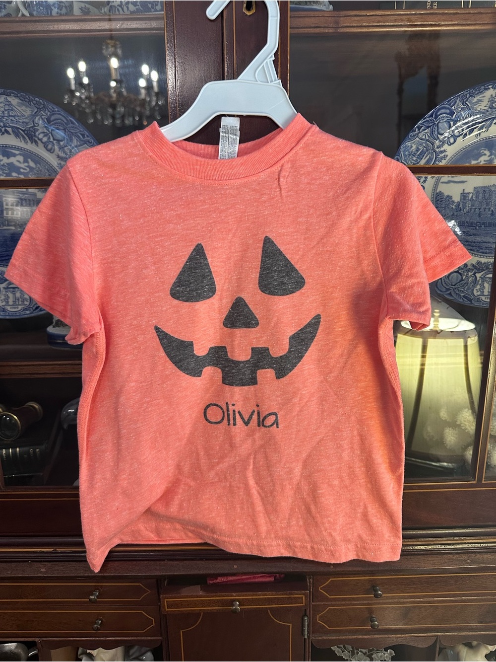 Rabbit Skins Coral Orange Pumpkin Face Tee, personalized monogrammed Olivia, 4t